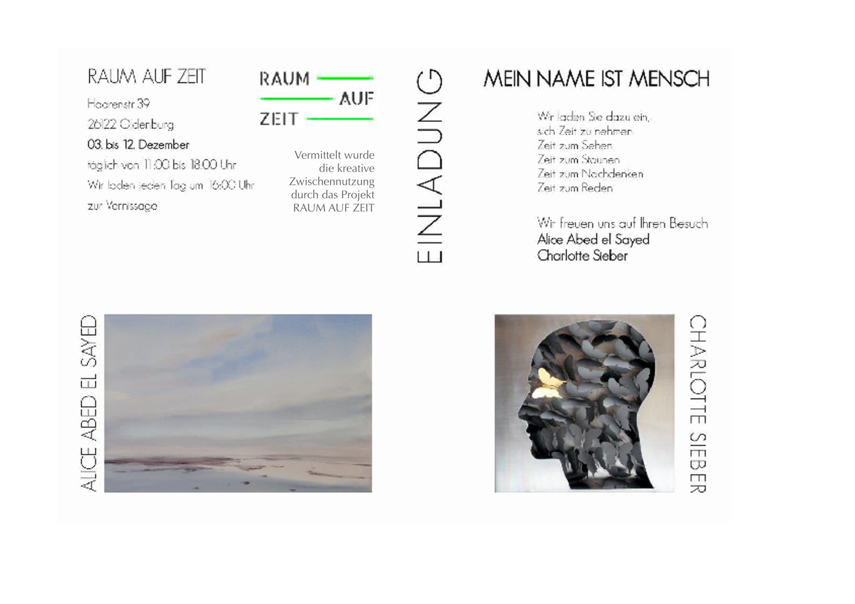 Einladungsflyer Ausstellung "Mein Name ist Mensch" von Alice Abed el Sayed und Charlotte Sieber