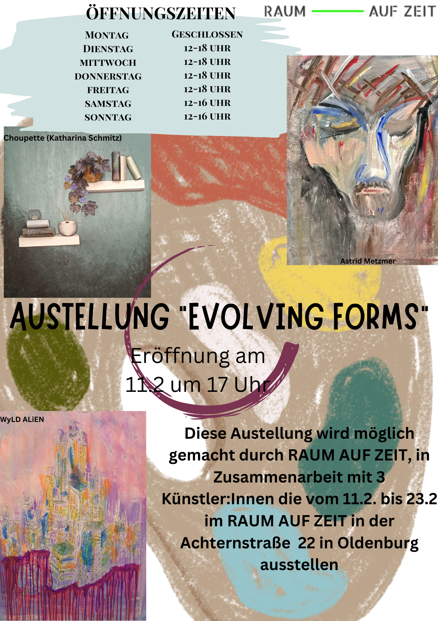 Flyer zur Ausstellung "Evolving Forms" von Astrid Metzmer, Katharina Schmitz aka Choupette & WyLD ALiEN